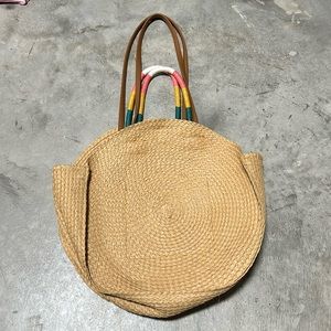 Tan‎ straw w/pink n white striped bag / I-3